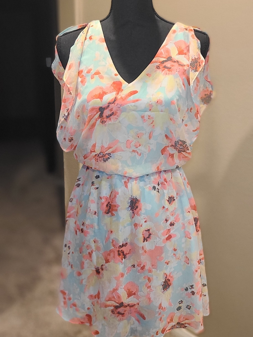 Candie's Coral and Light Blue Floral Cold-Shoulder Mini Dress